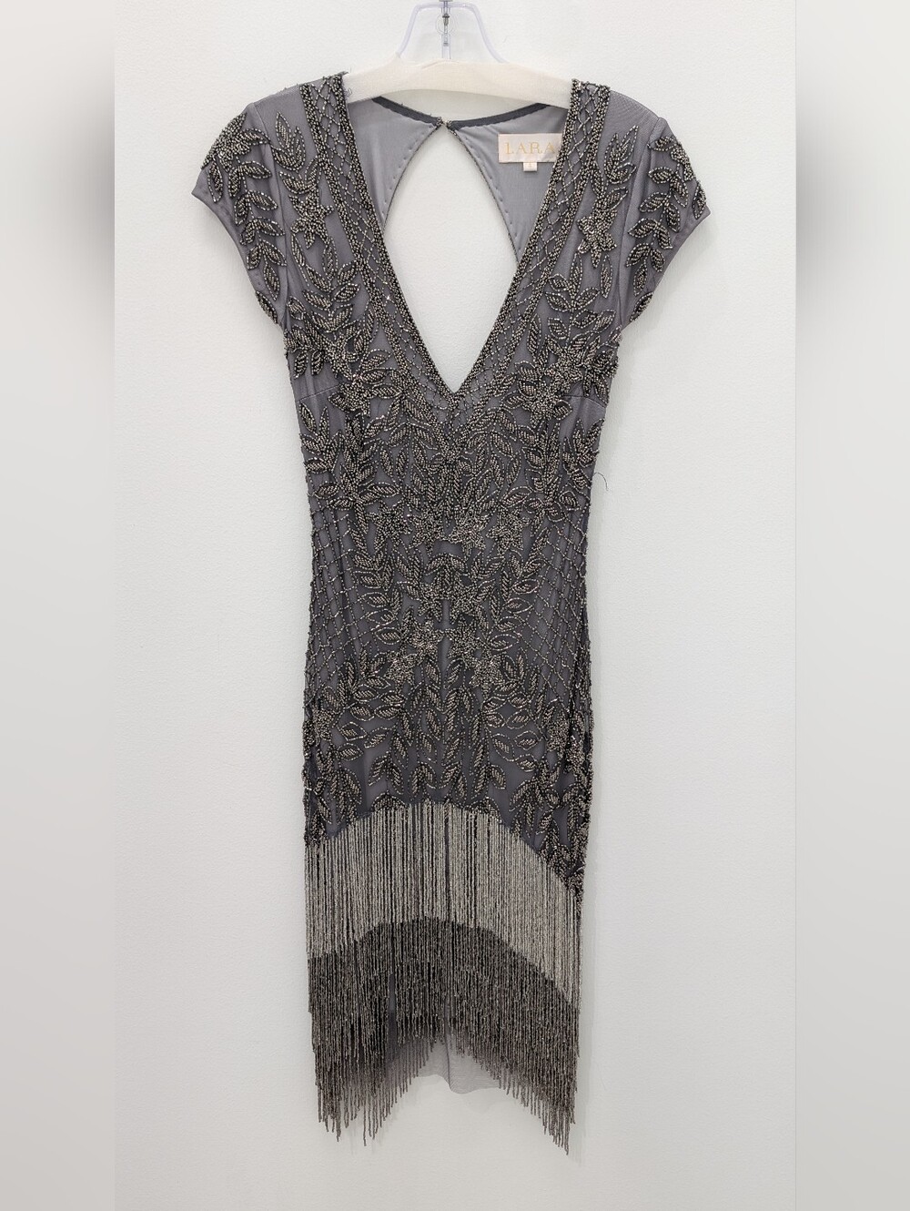 LARA Beaded Charcoal Gray Fringe Midi Dress
